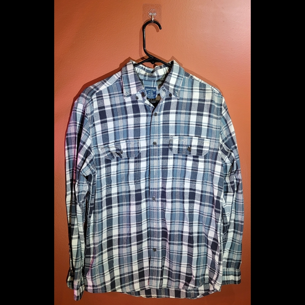 Mens Button Down Cotton Collar Flannel Shirt Long Sleeve Blue/Gray- Faded Glory